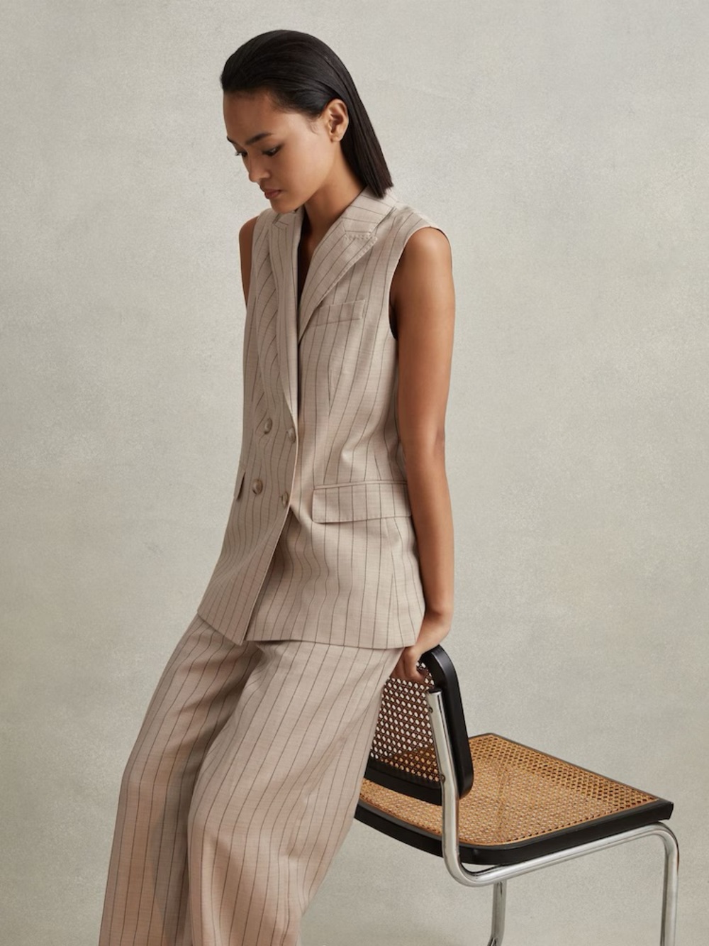 Reiss Beige Pinstripe Sleeveless Blazer